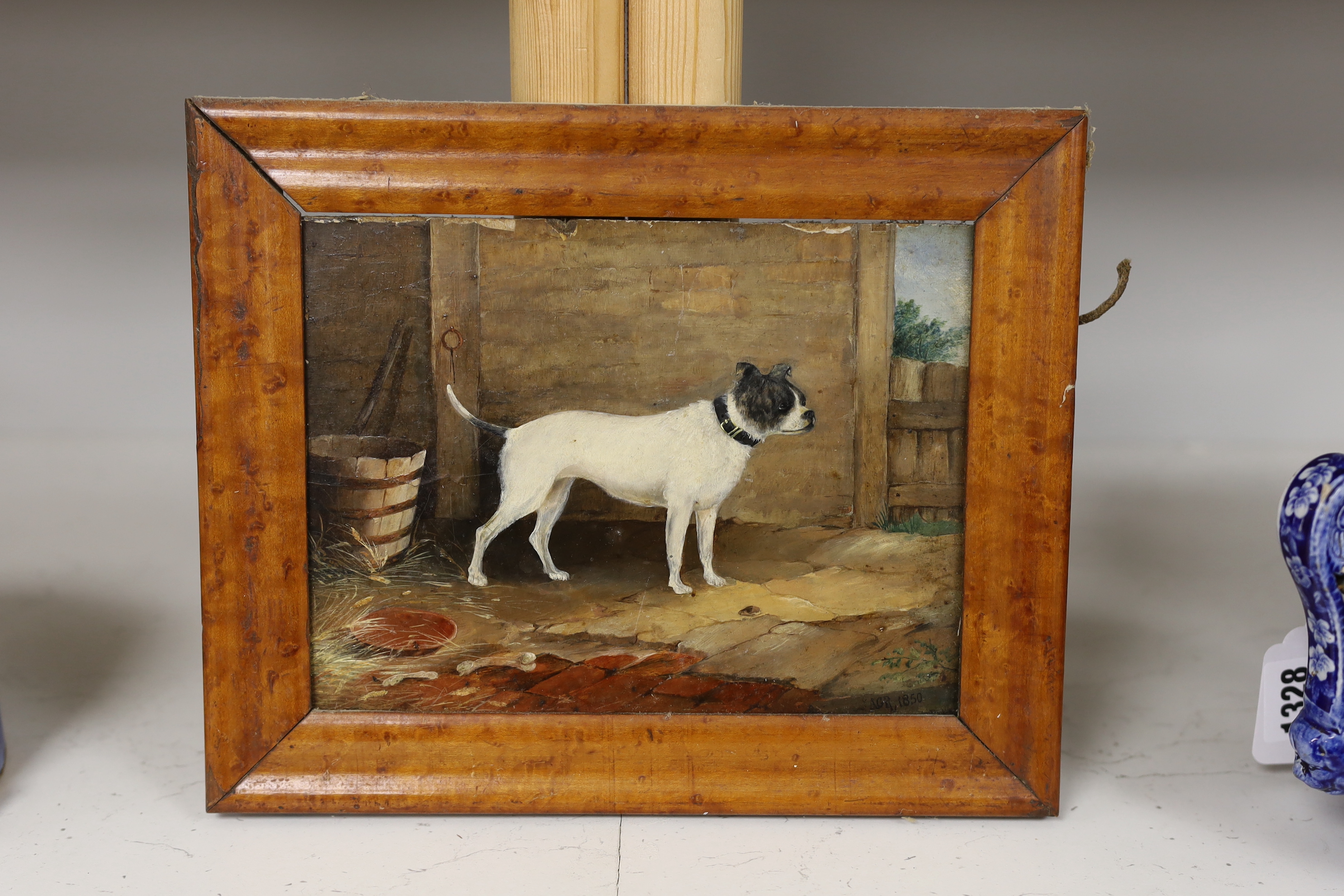 19th century English School, oil on board, Study of a terrier, monogrammed AGR and dated 1850, 16 x 21cm